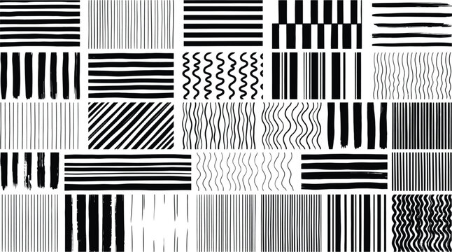 Hand drawn ink stripe pattern collection with various line widths and wavy textures for graphic backgrounds