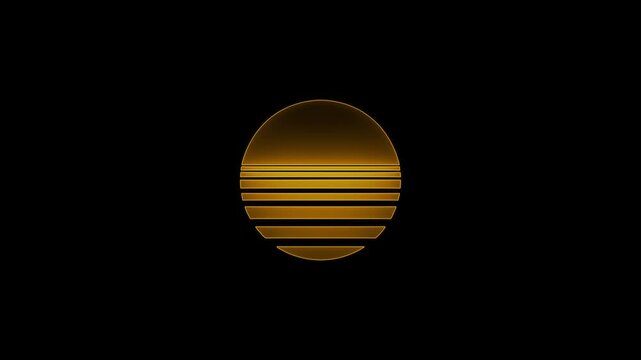 Golden neon synthwave sunset animation - abstract retro 80s sun horizon lines and futuristic cyberpunk glow loop on black background.