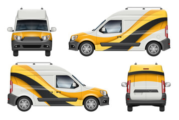 Fototapeta premium Commercial van vehicle wrap mockup with abstract yellow and black geometric wave design for corporate brand identity branding concept. Side, rear and front view.