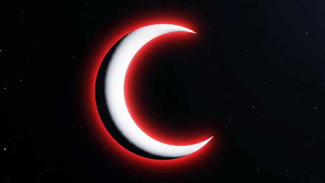 Glowing white crescent moon shape set against a black night sky backdrop