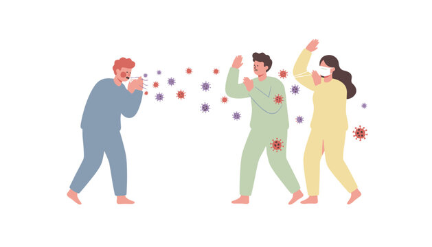 Person coughing and spreading virus particles towards others while one person wears a medical face mask for health and safety awareness during a pandemic outbreak.