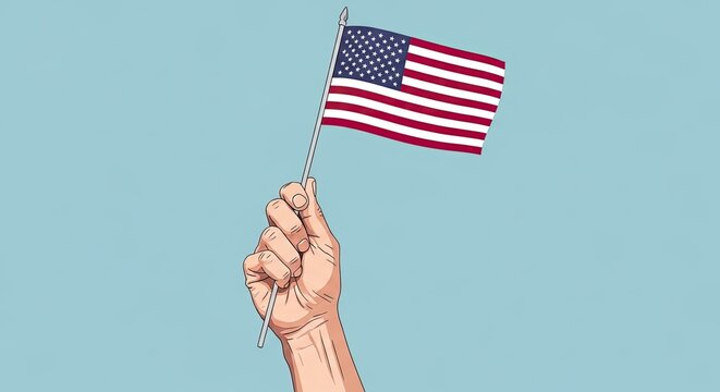 Hand holding small American flag against clear blue sky.