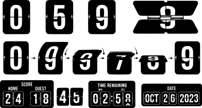 Flip countdown animation. Scoreboard numbers countdown panels, score date counter animation. Countdown flip boards vector illustration set