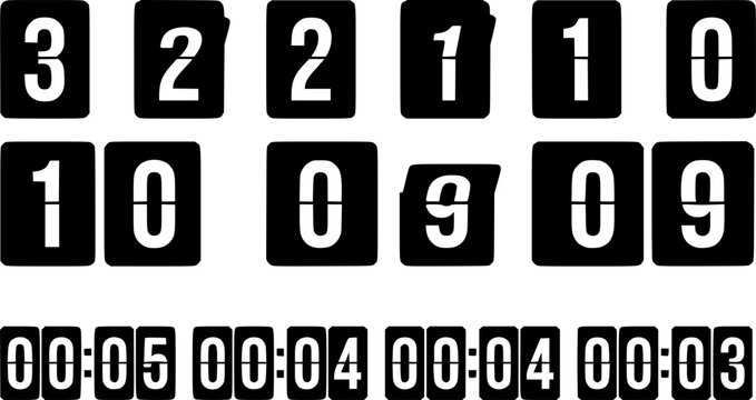 Flip countdown animation. Scoreboard numbers countdown panels, score date counter animation. Countdown flip boards vector illustration set