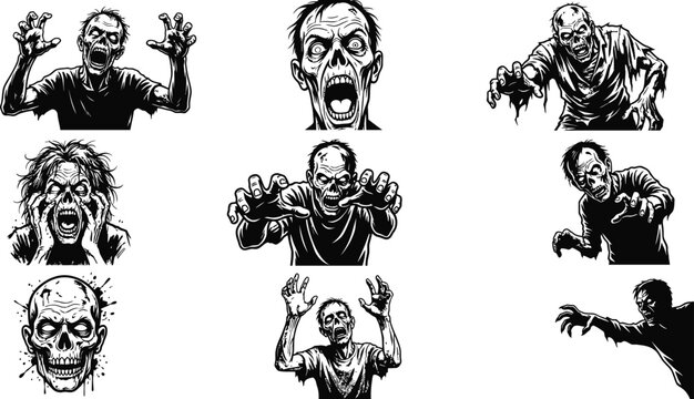 Scary zombie character vector set featuring walking undead creatures and haunting facial expressions for design