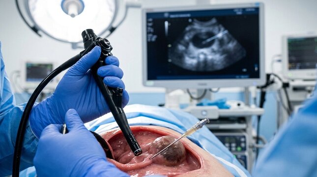 Endoscopic EUS-Guided Pancreatic Cyst Drainage Intraoperative &mdash; Gastrointestinal Surgery Medical Stock Photo