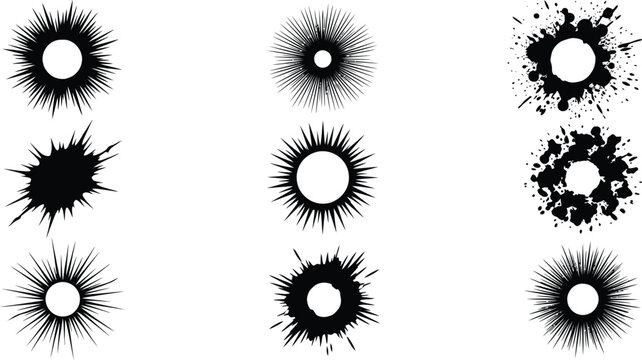 Set of abstract sunburst and ink splatter circle shapes in hand drawn sketch line style