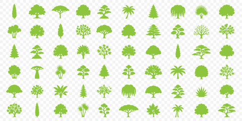 Fototapeta premium Minimal pine spruce tree silhouette vector set forest nature infographic icons. Tree and plant silhouette vector set with palm pine bush and botanical elements. Fir tree and pine tree vector icon set.