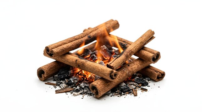 Concept of a small campfire or bonfire built with cinnamon sticks burning with bright orange flames isolated on a white background