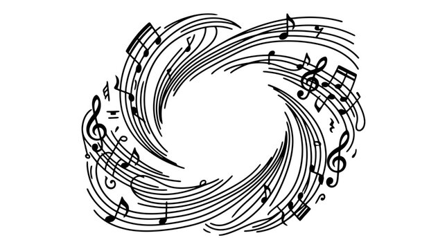 a swirling arrangement of black musical notes.