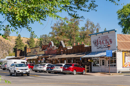 Winthrop, WA, US-August 22, 2025: Downtown main street in the charming cowboy-themed small town.