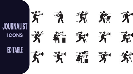 Obraz premium Media press conference stick figures and news reporter icons vector isolated collection for broadcasting concepts