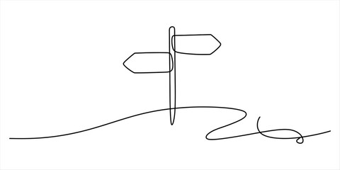 Simple black line drawing of a signpost with two arrow signs pointing in different directions, symbolizing choice and direction © Ratna Art_Gallery