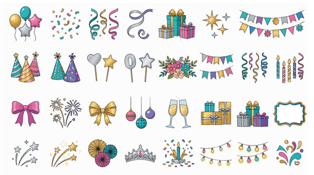 Hand-drawn party and celebration vector icon set featuring balloons, gifts, garlands, and confetti