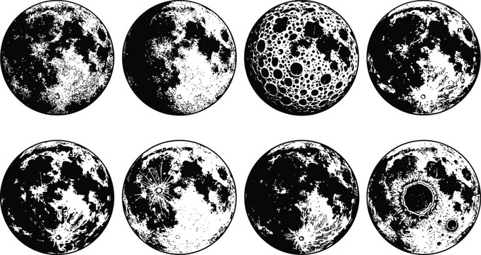 Set of eight detailed moon phase illustrations featuring realistic craters in a bold ink style