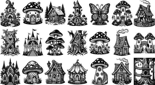 Set of enchanting mushroom houses and fantasy dwellings for mystical woodland inspired graphic design projects