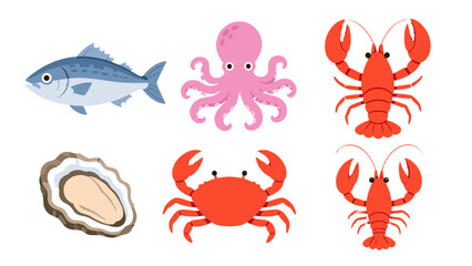 Cartoon seafood set with fish octopus crab lobster and oyster © icon_art