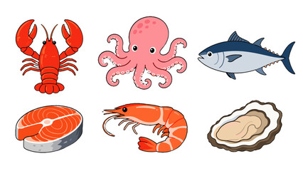 Cartoon seafood set with lobster octopus fish shrimp and oyster © icon_art