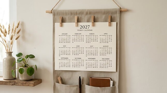 Minimalist 2027 yearly calendar hanging on fabric organizer in neutral beige aesthetic interior with plants.