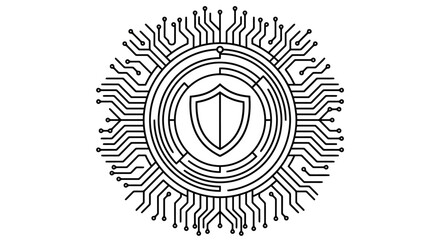 Fototapeta premium Black and white shield logo on circuit board background.