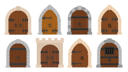 Set of medieval castle gates and arched wooden doors © icon_art