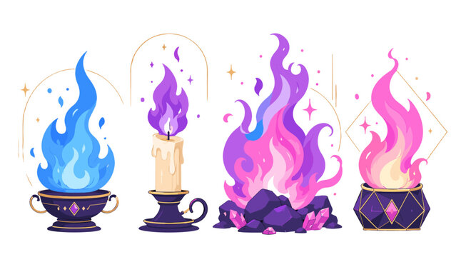 Set of colorful fantasy flames with candle and crystal fire