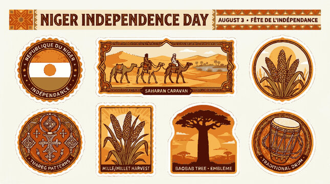 Niger independence day decorative sticker collection with cultural symbols