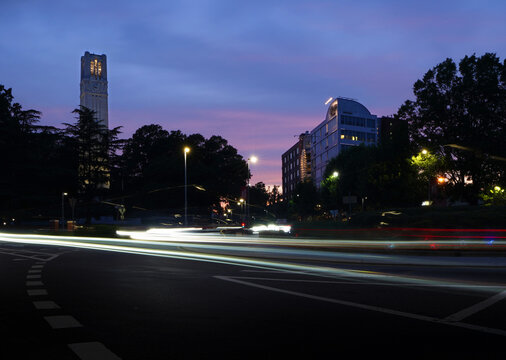 The Bell Tower at night on the campus of NC State University in Raleigh, North Carolina