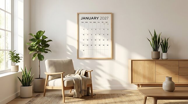 Spacious living room interior with calendar mockup and green houseplants in natural sunlight.