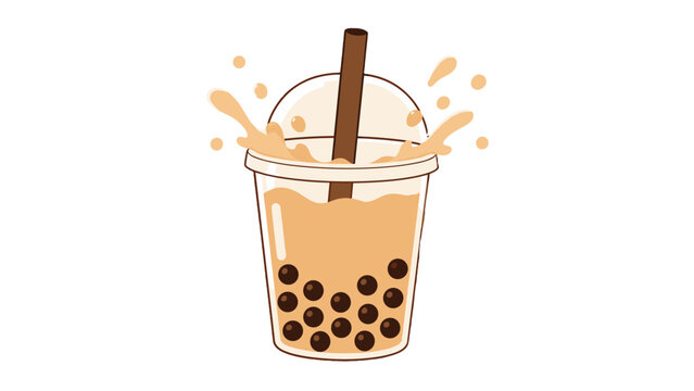 Cartoon bubble tea cup with tapioca pearls and splash