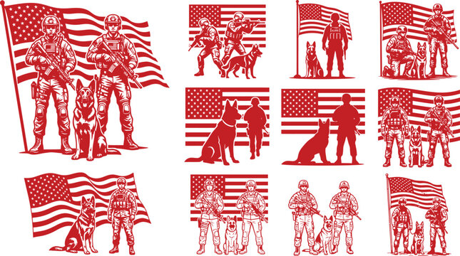 Set of military soldiers and police dogs with waving flags in detailed line art style