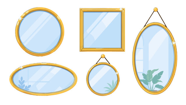 Cartoon mirror set with round square and oval gold frames