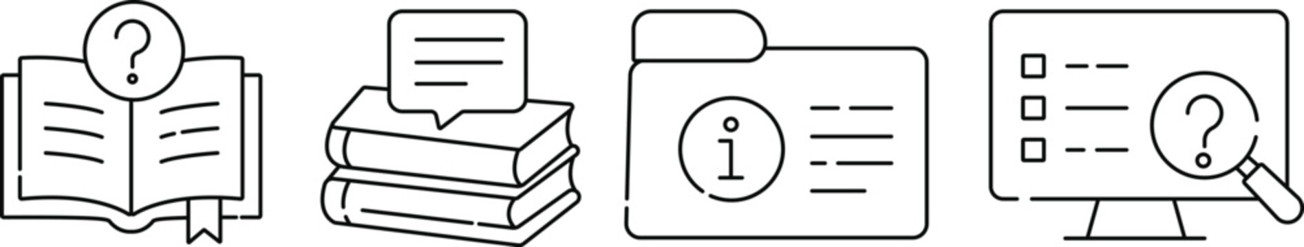 Information and Knowledge Base Icons Set Vector Illustration, Help Center, FAQ Support and Learning Resources Line Art Collection