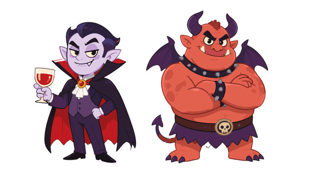 Cartoon vampire and demon monster character set on white