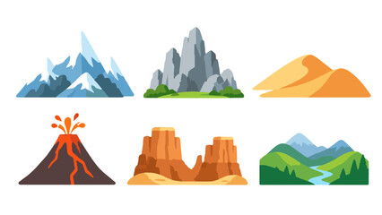 Fototapeta premium Cartoon landscape icon set with mountains, dunes, volcano, and canyon