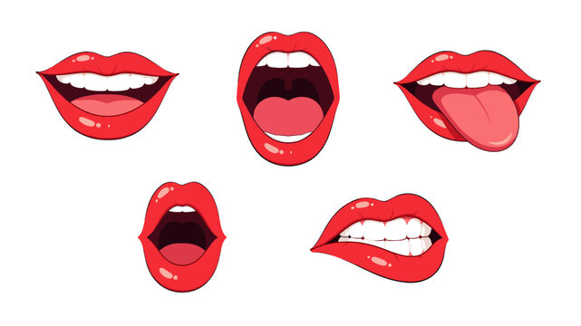 Set of cartoon red lips with different mouth expressions