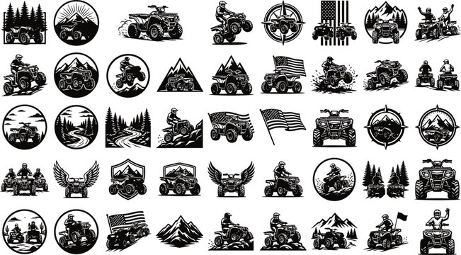 Set of off road atv vehicle emblems for adventure sports and extreme outdoor racing events