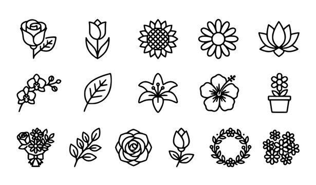 Minimal floral icon collection featuring roses tulips daisies lotus flowers leaves wreaths and potted plants