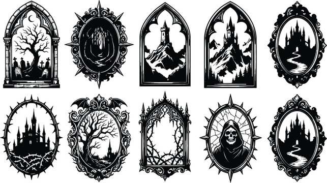 Set of ornate gothic window frames containing mysterious castle and dark forest illustrations for prints