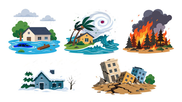 Cartoon natural disaster infographic with extreme weather scenes
