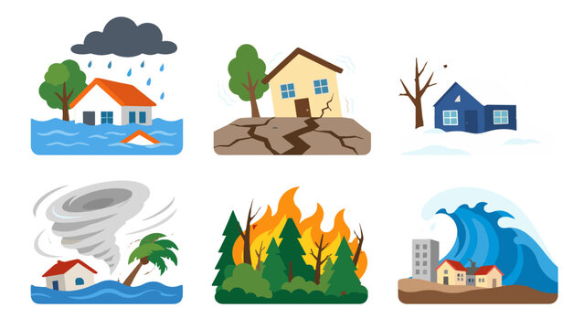 Cartoon icons of natural disasters and extreme weather events