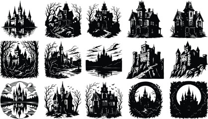 Obraz premium Set of spooky castle silhouettes for halloween decor or fantasy print projects in vector style