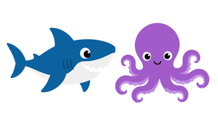 Cute cartoon shark and octopus vector isolated on white © icon_art