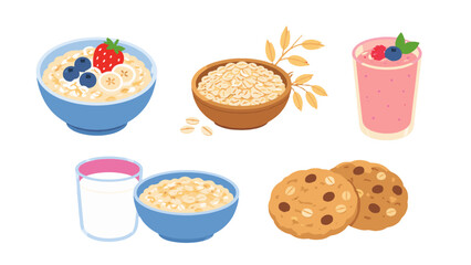 Cartoon oatmeal breakfast set with bowls, berries, milk and cookies © icon_art