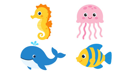 Cute cartoon sea animals set with seahorse jellyfish whale and fish © icon_art