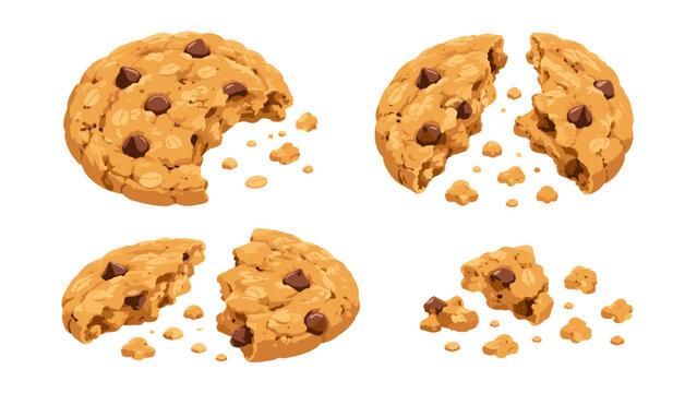 Cartoon oatmeal chocolate chip cookies with broken pieces