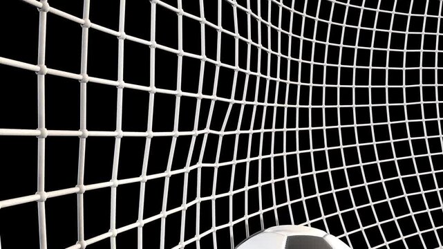 3D Animation of Soccer Ball Hitting Goal Net Isolated on Black