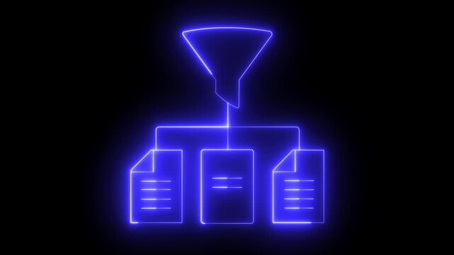 Neon data filtering and document processing concept, digital information management animation funnel