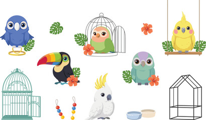 Cute Tropical Parrot and Exotic Bird Character Set with Cages Flowers and Swing Elements for Pet Care and Nature Graphic Designs © MstAkhlima