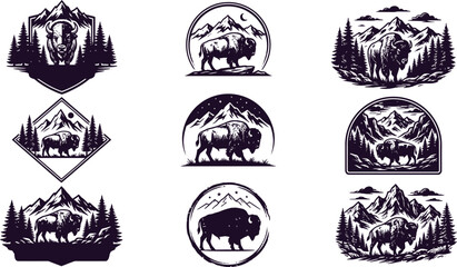 Fototapeta premium Set of wild bison roaming in mountain landscapes featuring pine forests and circular emblem shapes